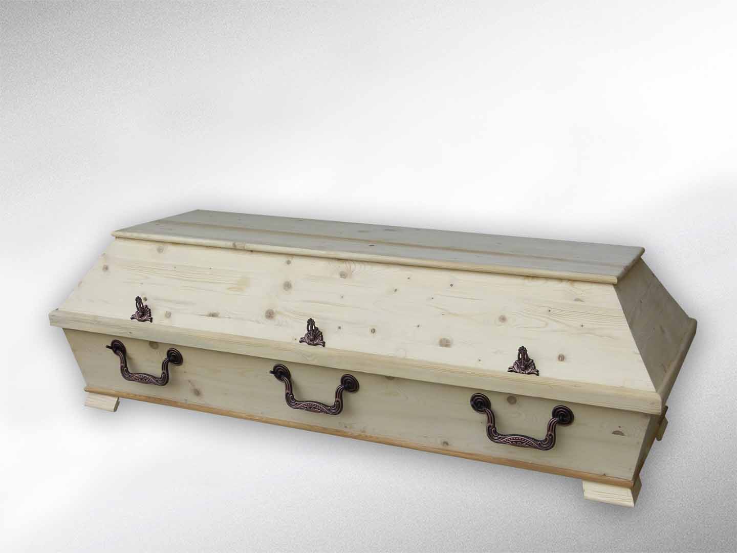 Kremationssarg, XXL, 78 cm Farbe: roh, nicht lackiert, astig „Deckel glatt“, erhöhtes Unterteil