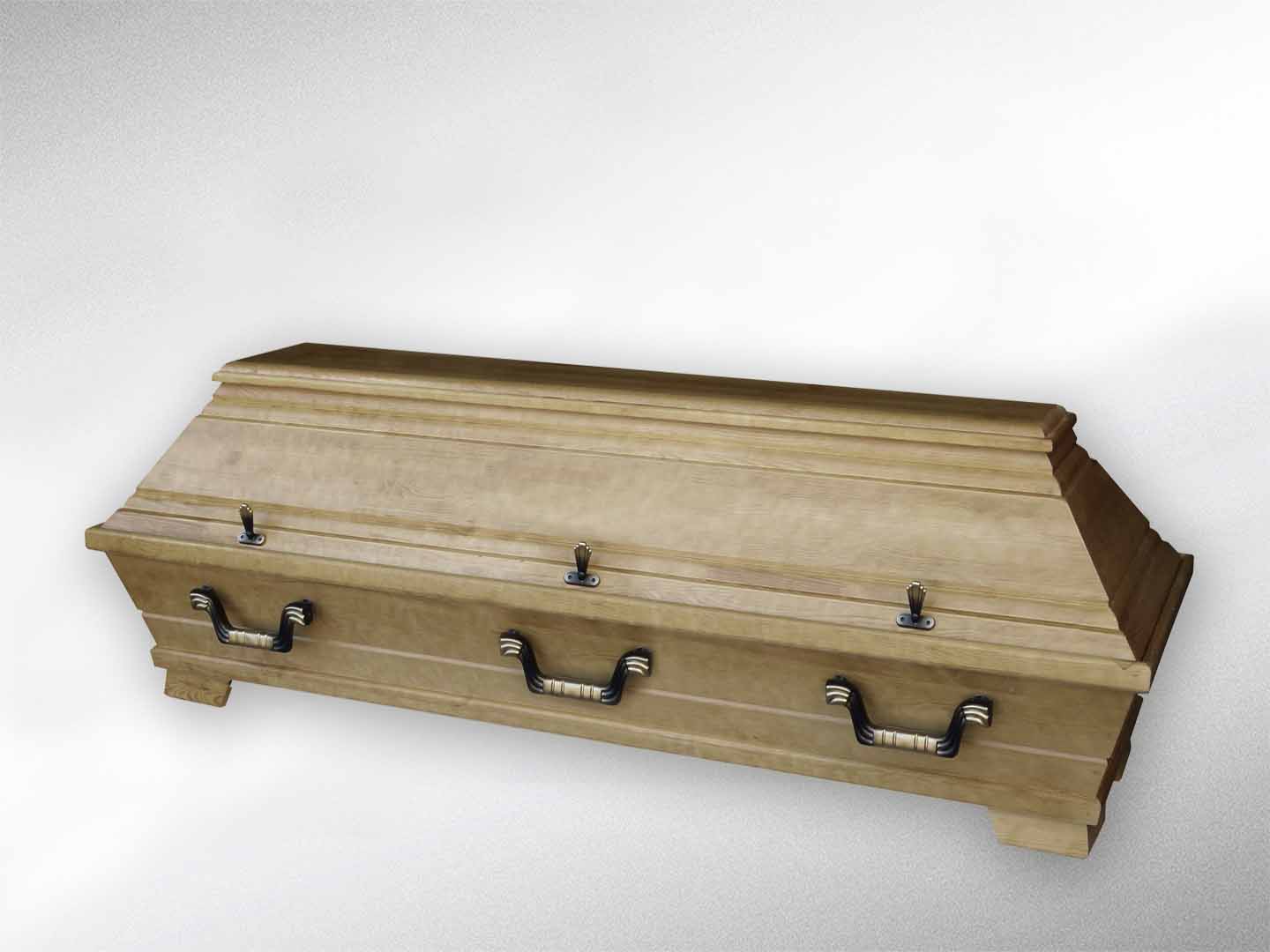 Kiefernsarg XXL, 78 cm (Abb. ähnlich) Farbe: nußbaum, massiv, „Deckel 2-Stab“, erhöhtes Unterteil