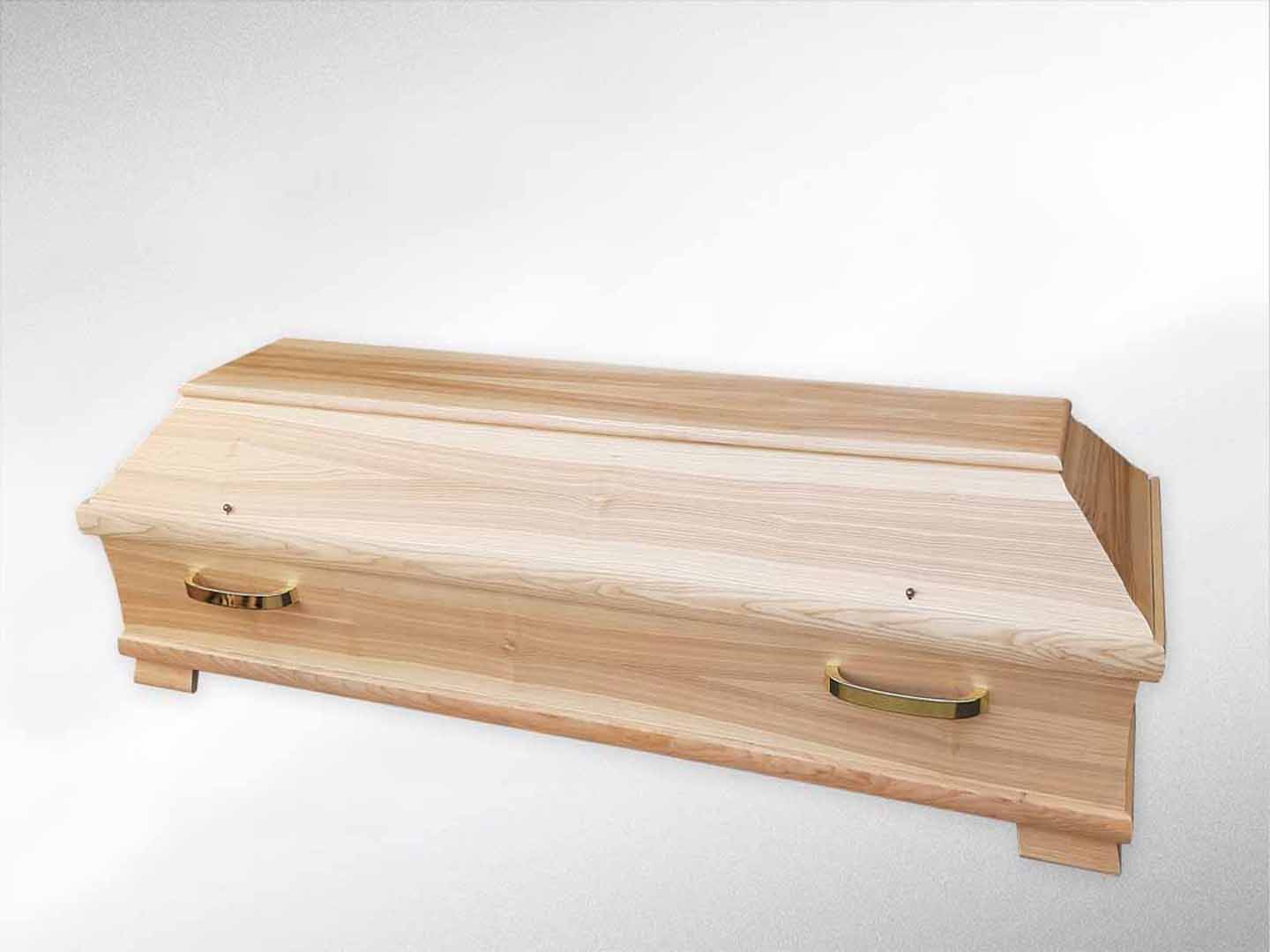 Truhensarg aus Kiefernholz, Halbtruhe mit Eschenfurnier „Oliveesche“ und Weichholzleisten