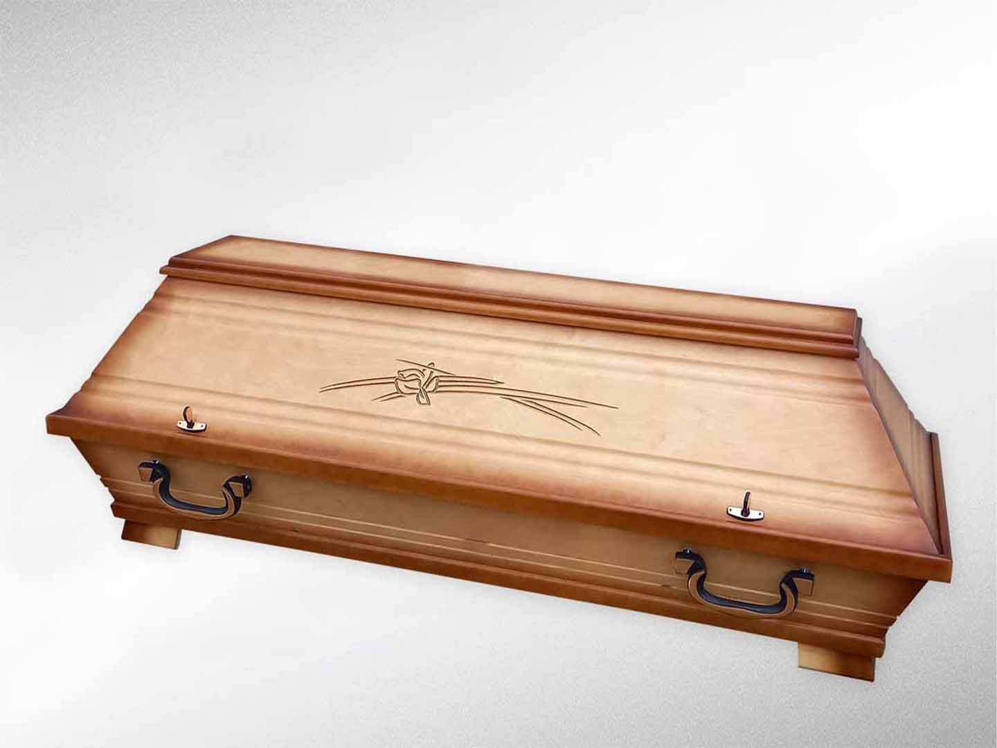 Kiefernsarg Pappelfurnier, altdeutsch patiniert, "Lilienprägung"