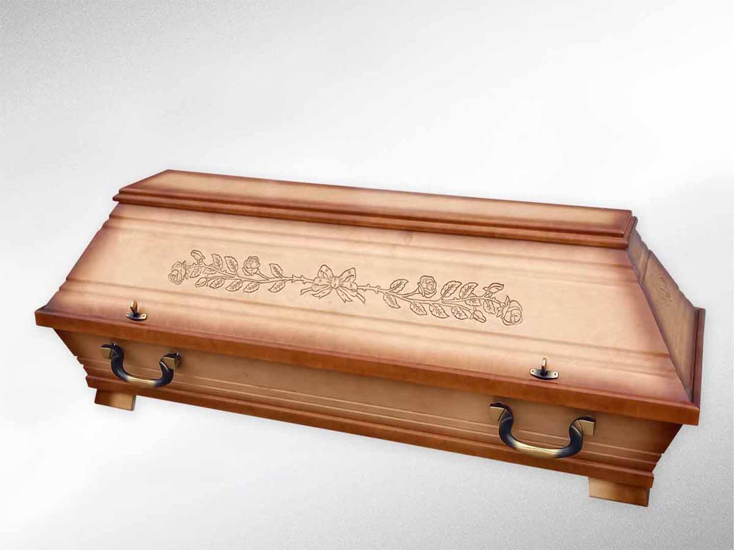 Kiefernsarg Pappelfurnier, altdeutsch patiniert, "Rosenprägung"